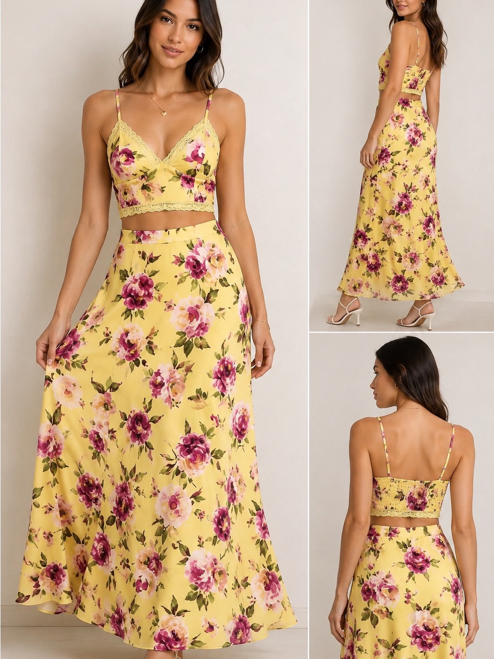 NWT Thirty/Thirty Yellow Floral Cami Crop Top & Maxi Skirt Two Piece Set Boho